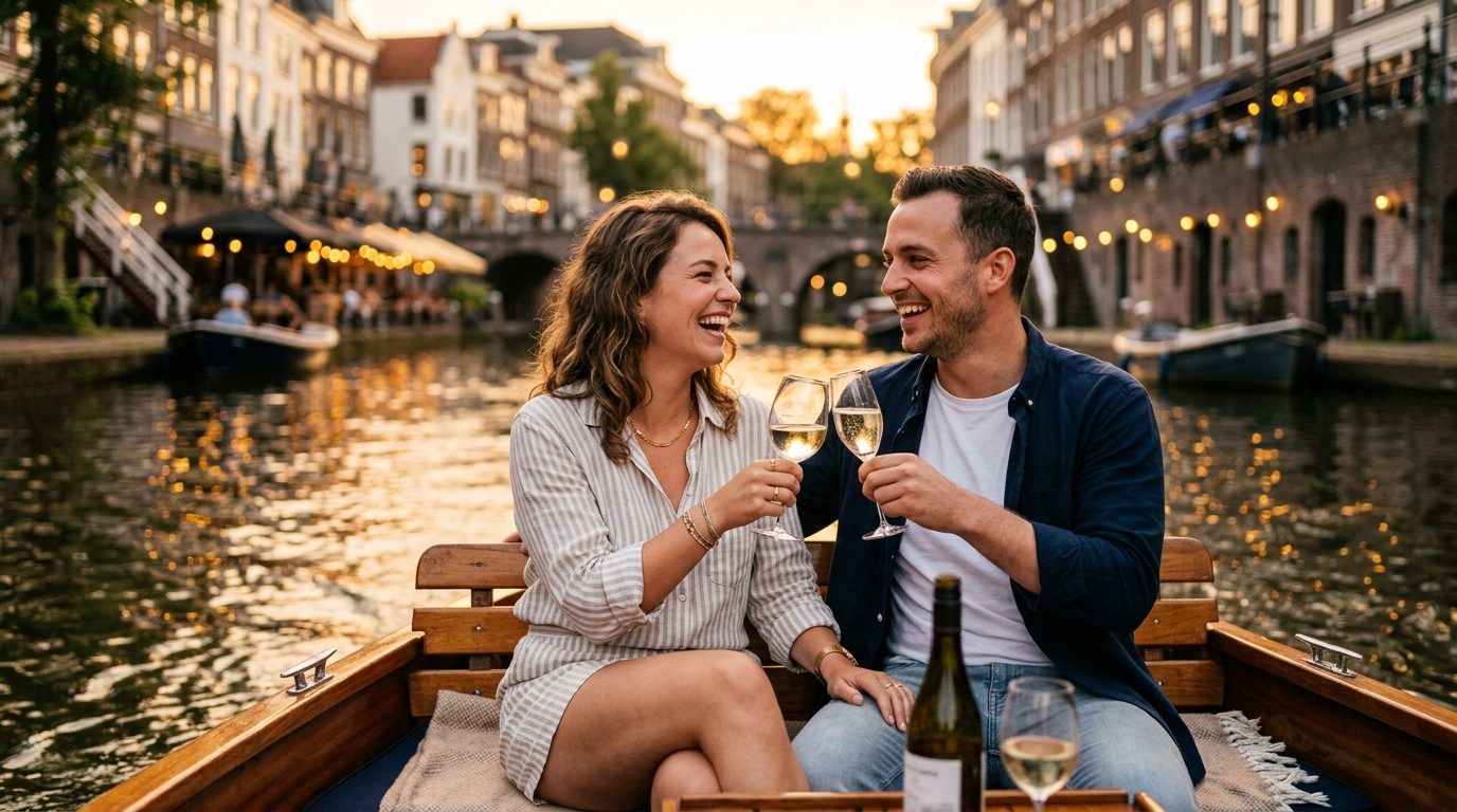 Proosten op een bootje op de gracht